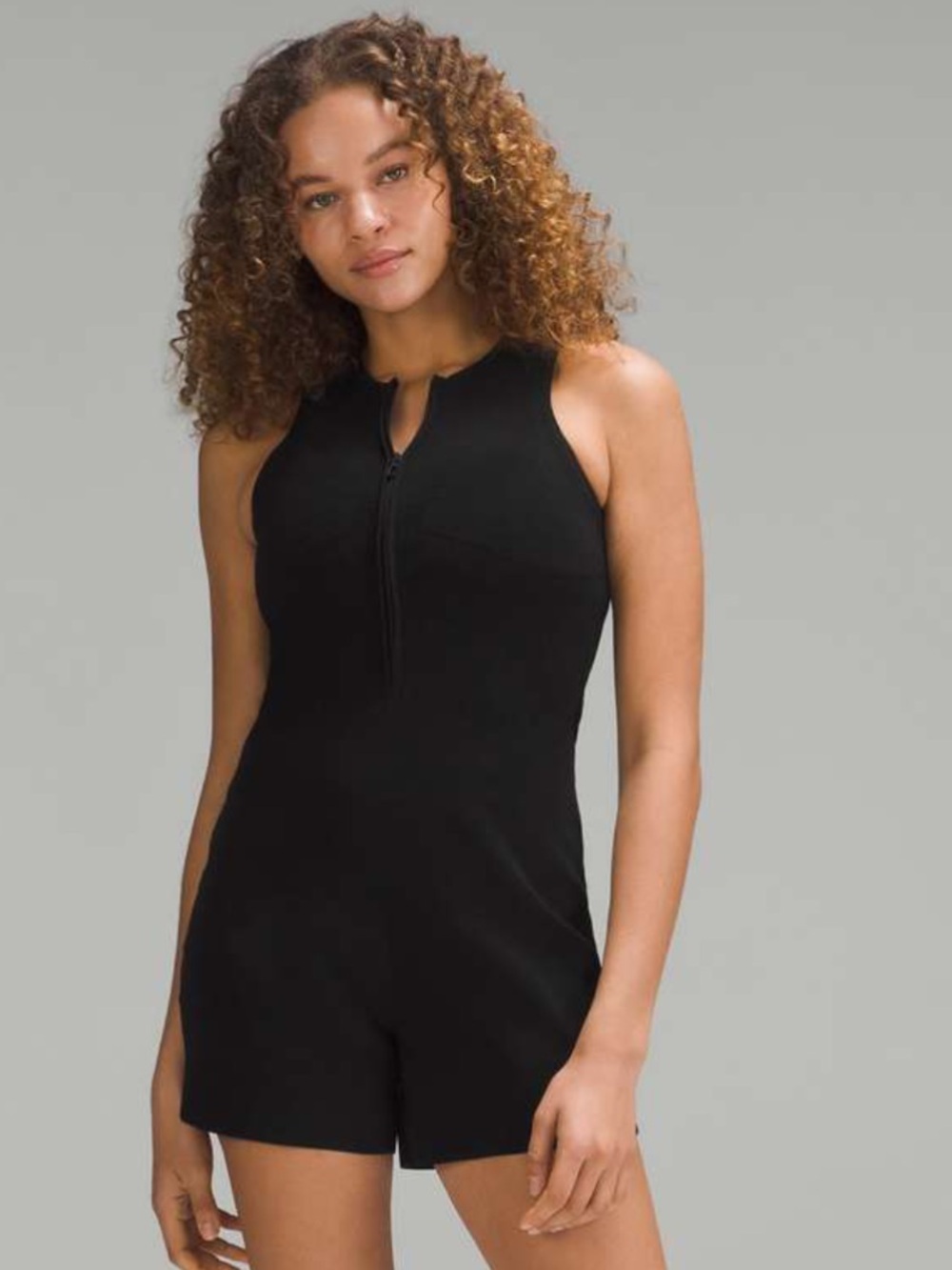 Unworn!! LULULEMON L Black Romper Tight-Fit Knit Bodysuit Shorts Sleeveless Ribb - Picture 2 of 8